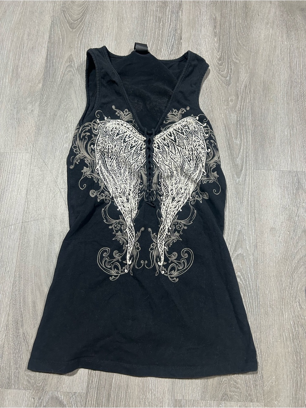 Womans Black Rhinestone Angel Wings Biker Edgy Open Back Cut Design Off Top Sz S